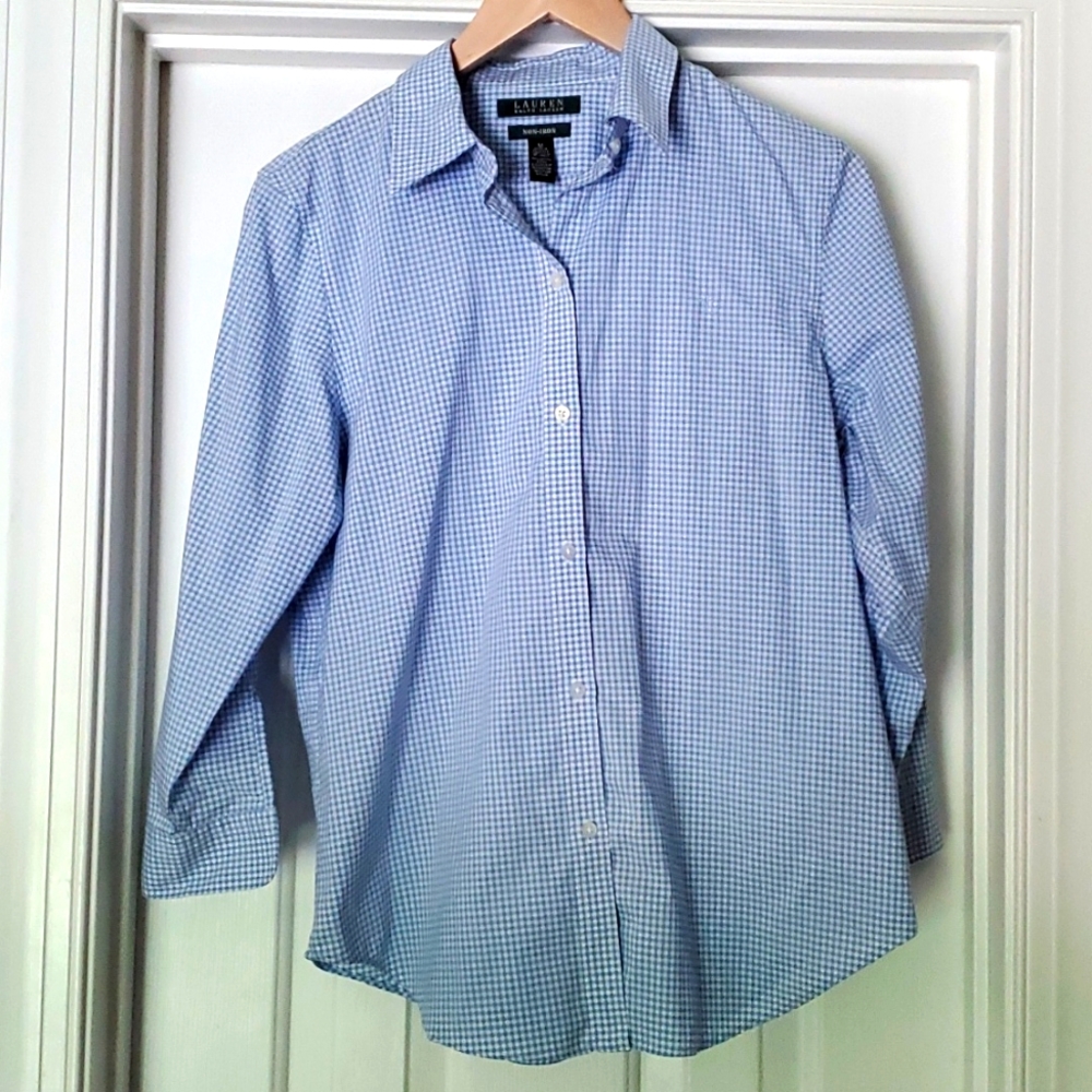 Ralph Lauren Blue Gingham Button Down French Sleeves Medium Non Iron